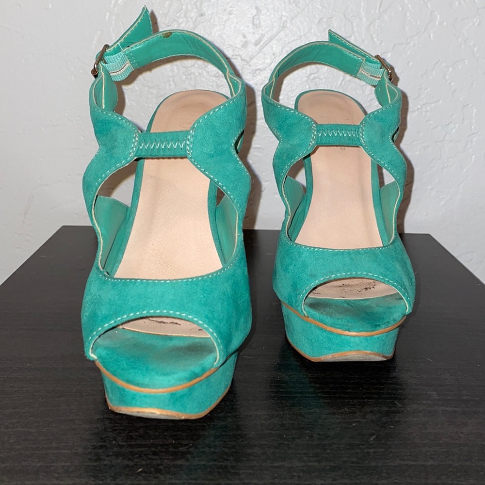 Teal suede platform heels